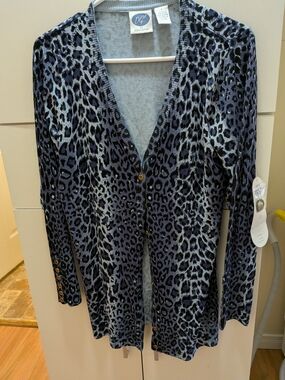 DG2 by Diane Gilman Blue and Black Leopard-Print Cardigan with Gold Buttons